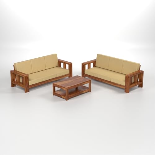 Image of Solid Sheesham Wood Sofa Set 6 Seater for Living Room | Wooden 6-Person Sofa Set for Home Office | 3+3 Sofa Sets for Living Room | (Honey Finish, 6 Seater)