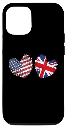 Carcasa para iPhone 13 Estados Unidos, Reino Unido, corazón, bandera americana, bandera del Reino Unido, corazón grunge
