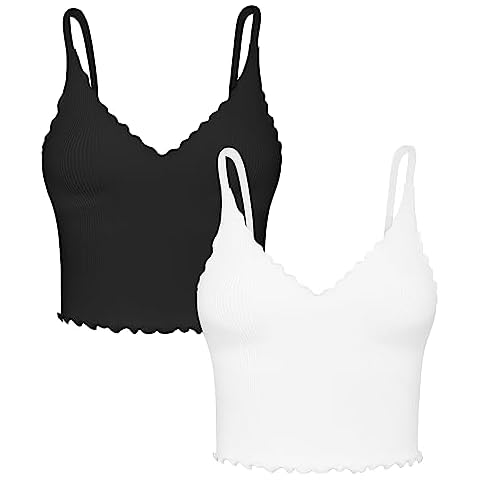 Sunzel Tank Top for Women, V Neck Cropped Seamless Ribbed Camisole with Ruffles for Workout Yoga Lounge (Black&White L-XL) Cover