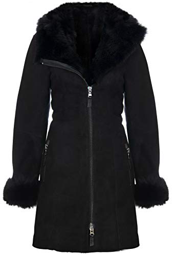 Infinity Leather Women's Black Hooded Suede Merino Shearling Sheepskin Toscana Jacket Coat
