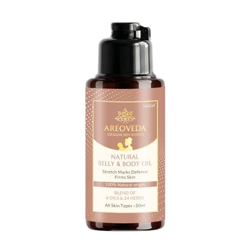 Image of AreoVeda Natural Belly & Body Oil | Suitable for Stretch marks | Boosts Elasticity & Skin Firmness | With Almond Oil, Shatavari & Coffee | Relieves Stress | Pregnancy & Breastfeeding Safe| 50ml
