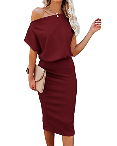 Ezbelle Women s Off The Shoulder Short Sleeve Hips-Wrapped Bodycon Casual Sexy Cocktail Dress Red Wine X-Large