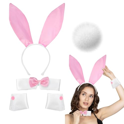 Conjunto de disfarce de coelho para festa de fantasias, acessórios com orelhas, colar, punhos e cauda, material durável, tamanho único, cor branca