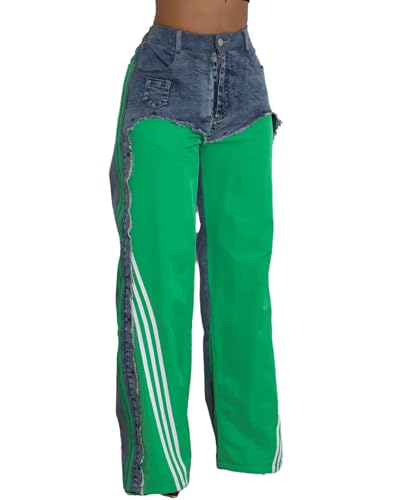 Women's Jeans with Striped Patchwork Color Block High Waisted Drawstring Elastic Hem Wide Leg Denim Pants3