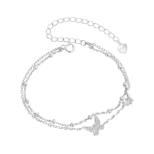 Qings Pulsera Mariposa para Mujer de Plata de Ley 925 Cadena Ajustable de Doble...