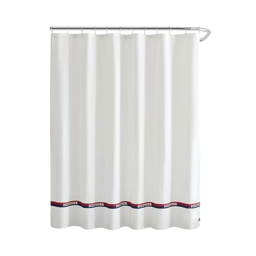 Tommy Hilfiger - Shower Curtain, Recycled Cotton Blend Bathroom Curtain, 72 x 72, Logo Stripe...
