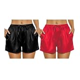 SWOMOG Women's Silk Stain Pajama Shorts Pj Bottoms with Pockets Drawstring Sleep Shorts Boxer Soft Lounge Shorts Black/Red Medium