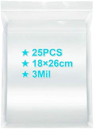 Resealable Ziplock Bags 18×26cm, 25PCS, 3 Mil Extra Thick Medium Size Clear Plastic Grip Seal Bags with Lock Seal Zipper, Storage Pouches for Food Sandwich Mask Incense Packaging