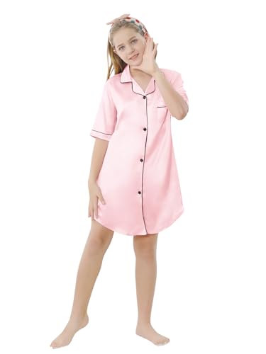 Schbbbta Girls & Women Silk Nightgown, Short Sleeve Button Down Satin Nightshirt Pajama House Dress, 3 Years- Women 2XL2