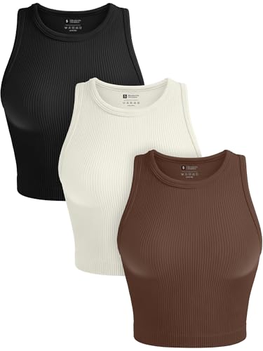 OLCHEE Womens 3 Pack Crop Tank Tops Basic Seamless Ribbed Round High Neck Racerback Workout Top Summer Causal Yoga Gym Shirts