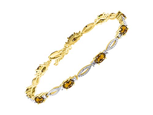 RYLOS Tennis Bracelet with 6x4MM Birthstone Gemstones & Diamonds Yellow Gold Plated Silver - Adjustable to 7-8