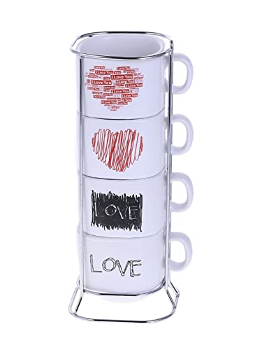 Stackable Coffee Cups with Holder - Set of 4 10 OZ Mugs (Affection Design)