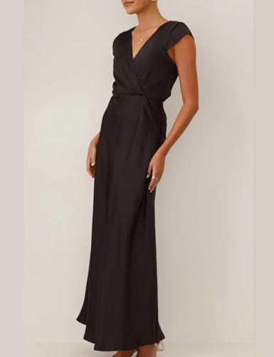 Summer Satin V Neck Wrap Maxi Dress for Women 2025 Elegant Silk Cap Sleeve Wedding Guest Dresses4