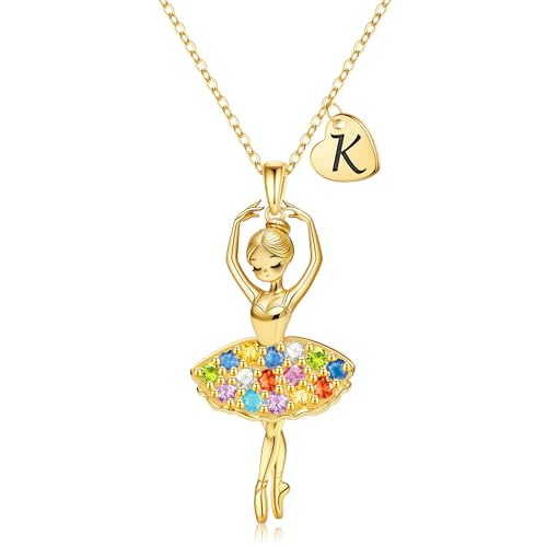 JIAOGE Dance Recital Gifts for Girls - K Initial Necklace for Girls Kids Jewelry Dance Gift Ballerina Necklace Ballet Necklaces Ballerina 6 7 8 9 10 12 Year Old Girl Birthday Gifts for Teen Girl Gift