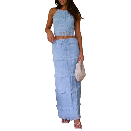 Women Summer 2 Piece Maxi Skirt Sets Y2k Halter Tie Up Backless Tops Ruffle Ruched Long Skirt Beach Vacation Outfit