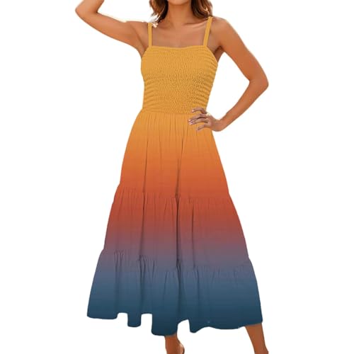 LIKEOULI Sundresses for Women Casual Boho Sleeveless Spaghetti Strap Summer Maxi Dress Casual Flowy Smocked Tiered Maxi Dress