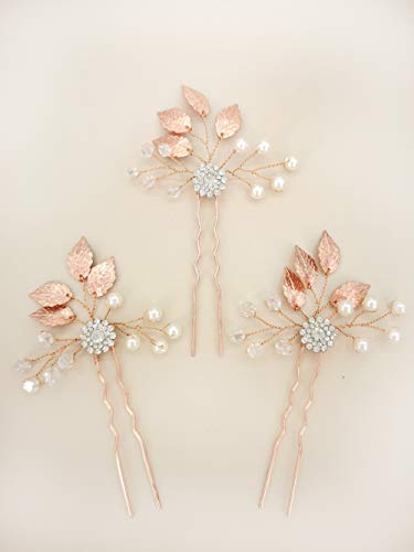Aegenacess Set of 3 Wedding Hair Pins Leaf Rhinestones Boho Clips for Brides and Bridesmaids (Rose Gold)