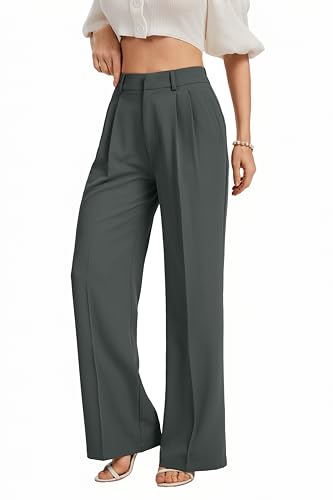FUNYYZO Women Wide Leg Pants High Elastic Waisted Business Work Trousers Long Straight Suit Pants Dark Gray