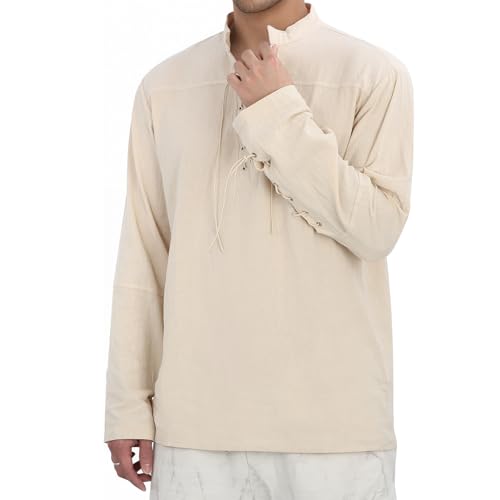 Ynport Crefreak Camisa Hombre Manga Larga Estilo Casual - Disfraz Medieval Vintage Camisa Vikinga de Algodón Clásica con Cordones