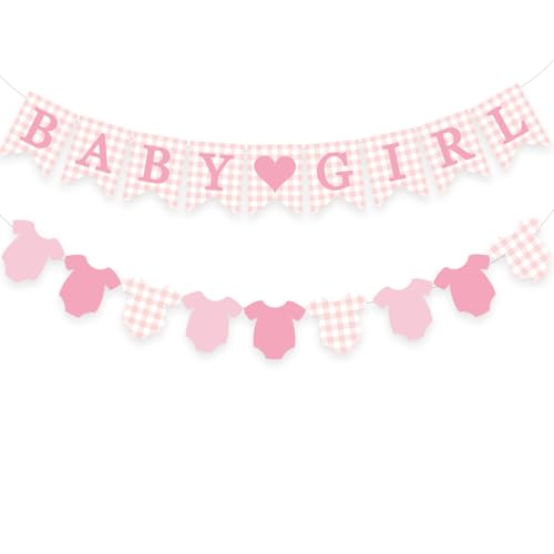 Image of Tazuxetuqe Pink Gingham Baby Banner Girl Plaid Welcome Baby Shower Sign Decoration Clothesline Onesie Garlands Gender Reveal Party Supplies