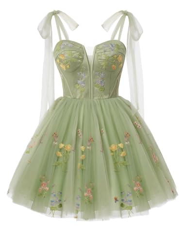 TIRAS Flower Embroidery Tulle Homecoming Dresses 2024 Spaghetti Straps Sweetheart Neck Sleeveless Short Prom Dress4