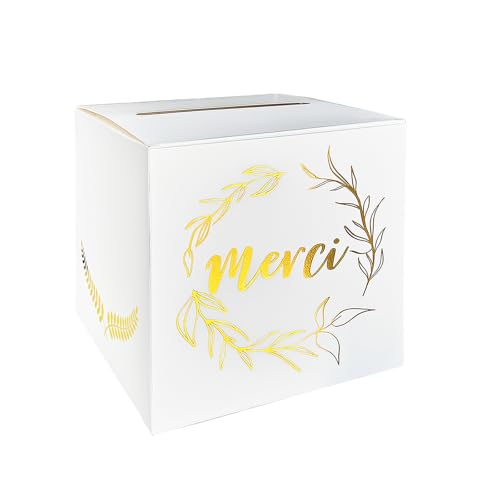 Urne Mariage Boîte à enveloppe de Cartes pour Bapteme Imprime Merci Doree - 22cm Boîte aux Lettres Reception Carton Carre