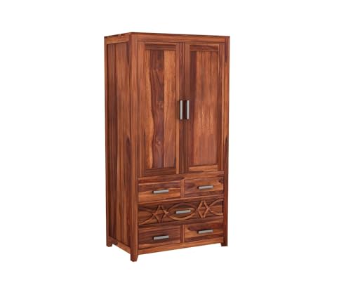 Image of Solid Sheesham Wood 5-Drawer Wardrobe with 4 Shelves & Locker Storage | Almirah for Bedroom - Solid Wood Large Cupboard | Honey Finish
