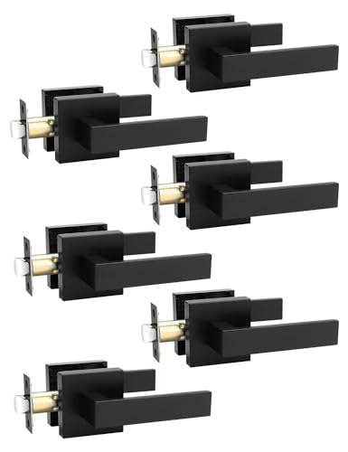 Image of Tinewa 6 Pack Square Black Door Handles Interior, No Lock Passage Door Lever for Left or Right Handing, Heavy Duty Matte Black Closet Door Handle Sets