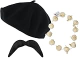 Conjunto de accesorios para disfraz francés, boina negra, guirnalda de ajo y bigote falso, para hombre y mujer, día de la Bastilla