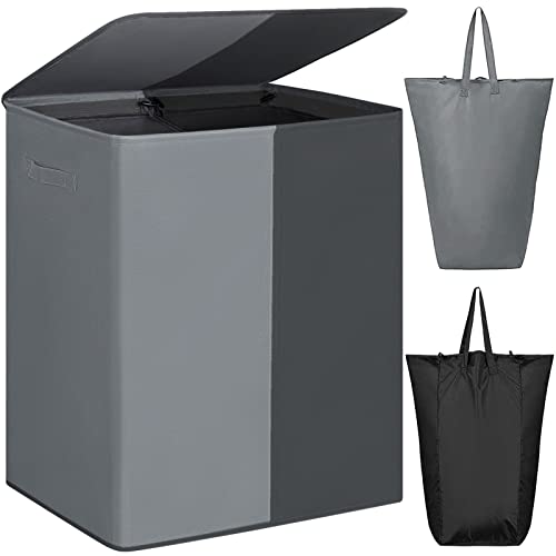 WOWLIVE Double Laundry Baseket with Lid and Removable Laundry Bags,154L Large Laundry Hamper 2 Section Collapsible Dirty Clothes Hamper for Laundry Room,College Dorm,Bathroom, Black and Grey