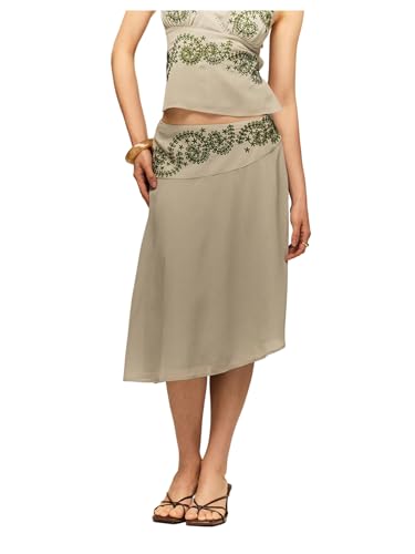 Milumia Women's Embroidery Asymmetrical Hem Skirt Elegant Low Waist Casual Midi Skirts