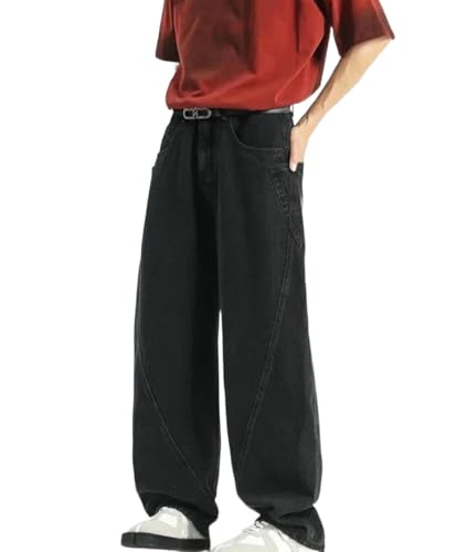 Men Patchwork Jeans Vintage Wash Loose Fit Denim Pants Korean High Street Straight Leg Trousers