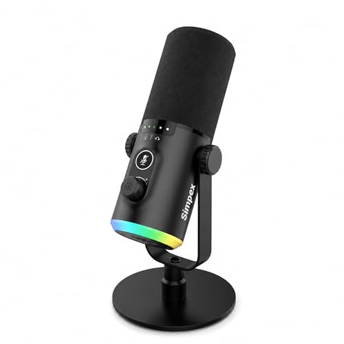 Image of Simpex (SDM-002 USB /XLR Dynamic Podcast Microphone with RGB Lighting, Gain & Mute Control, Desk Stand for PC for Podcasting, Gaming, Streaming, Recording, Focused Recording Pure Sound no Noise