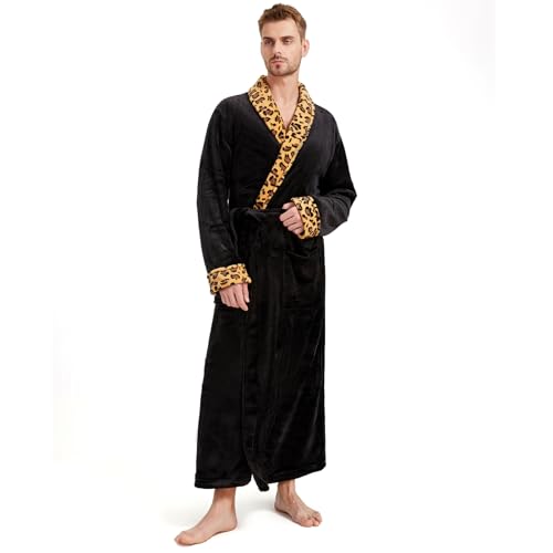 Men's Fleece Plush Bathrobe Full Length Big and Tall Shawl Collar Plaid Men Robe