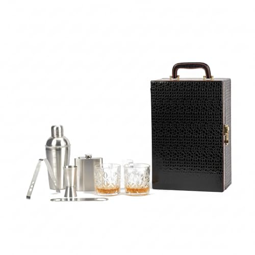 Image of Leather Bar Set | 8Pc | Bartender Kit | Whiskey Glasses | Cocktail Shaker | Portable Bar Accessories Set for Car & Travel | Gift for Men (Black)