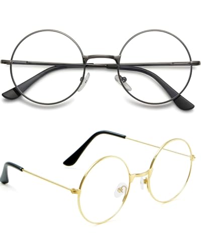 SCJJZ 2 pcs pares Marco de Metal Gafa Redondas Gafas Redondas de Metal Retro Lentes Transparentes Vintage Gafas Montura para Ordenador Gaming Vestirse, para Cosplay