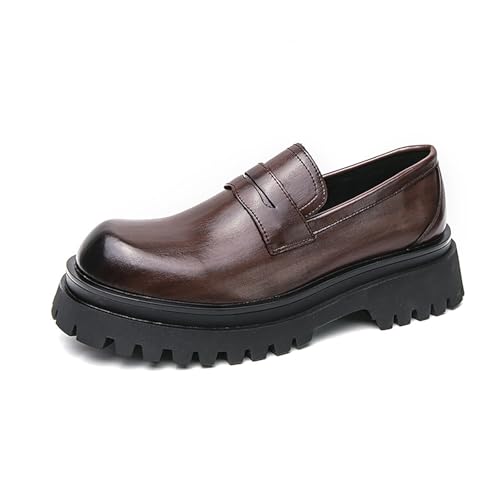 Men's Leather Platform Slip-On Loafers Round Top Chunky Heel Lug Sole Penny Dress Shoes Low Top Non-Slip Comfortable Work Business Shoes