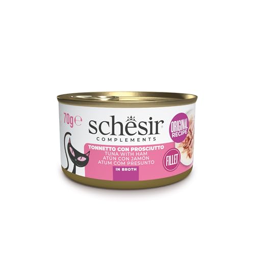 Schesir, Tonnetto con Prosciutto in Brodo, Alimento Umido Complementare per Gatti, in Lattina, Ingredienti 100% Naturali, Cruelty Free, 12 x 70g