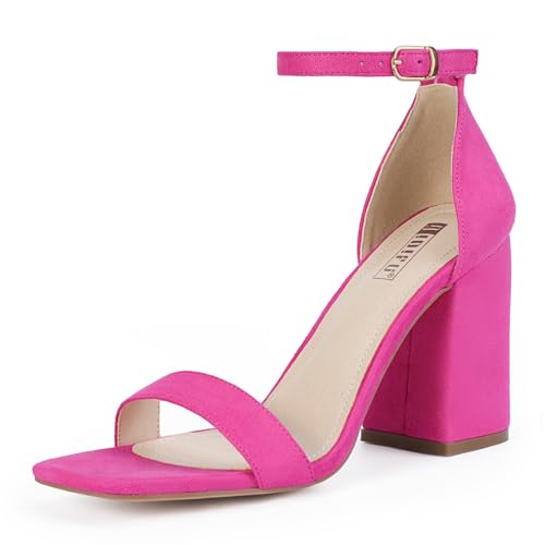 IDIFU Hot Pink Heels for Women Block Heeled Sandals(Hot Pink Suede, 8)