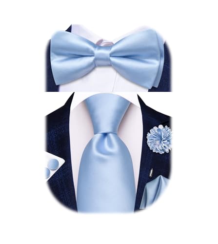 Image of Hi-Tie 5Pcs Mens Solid Color Silk Tie Satin Pretied Bowtie Lapel Pin for Men Handkerchief Cufflink Wedding Gift Box