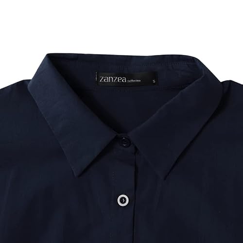 Zanzea Women Cotton Lapel Casual Loose Long Shirt Dresses Button Down Pocket Blouse Maxi Dresses Navy-F85144 Large #TOP4
