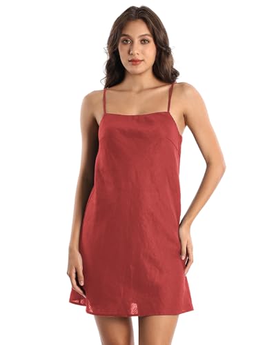 EELOTILE Womens Pure Linen Summer Sleeveless Spaghetti Strap Mini Dress with Lining Red