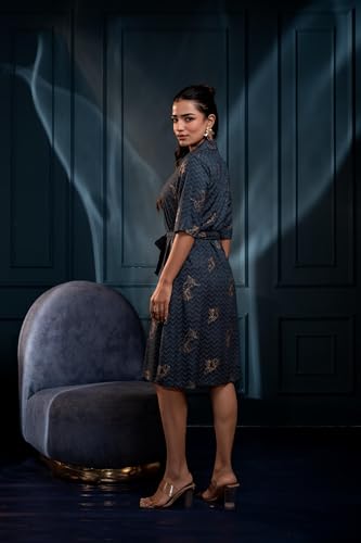 Image of Juniper Teal Zig‑Zag Print Button‑Down Cotton Shirt Dress with Belt