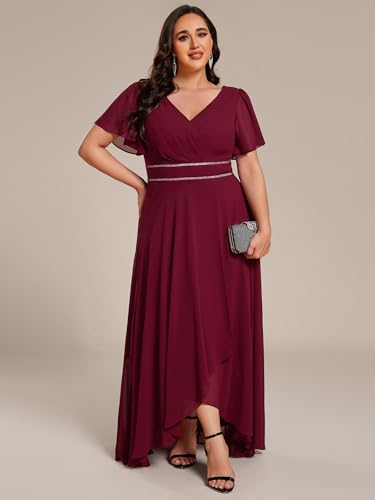 Image of Ever-Pretty Plus Women's Chiffon V-Neck Beading Ruffles Sleeves Maxi High Low Plus Size Formal Dresses
