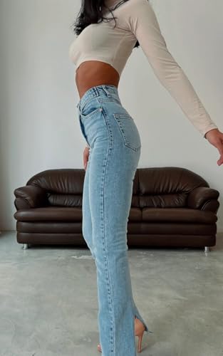 PIRAL Women's Cross Belt Jeans Dark Blue - Straight Leg - 100% Cotton - Split Hem - 34" Inseam4