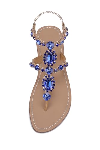 Image of ZhuLinFeng Women'S Rhinestone Gladiator Sandals Flat Wedding Sandals Gem Pearl Sparkling Bridal Bridesmaid Sandals Blue Bohemian Sandals