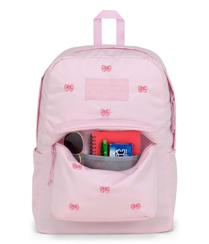 Image of JanSport Superbreak Plus FX Backpack - Work, Travel, or Laptop Bag with Water Bottle Pocket - Embroidered Bows