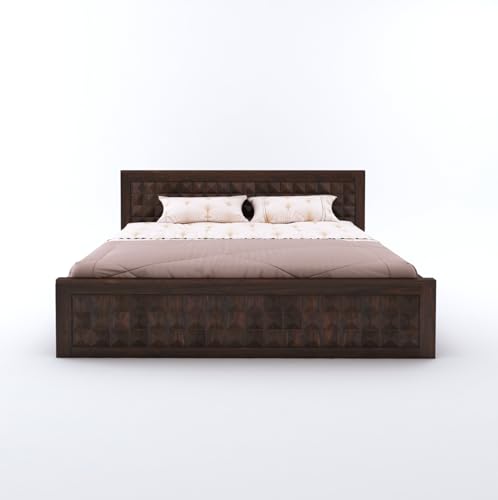 Image of Sheesham Wood Queen Size Bed with Hydraulic Box Storage and Headboard | Durable Wooden Double Bed Cot Palang Furniture for Bedroom, Living Room, Guest Room, Hotel and Home (Walnut Finish)