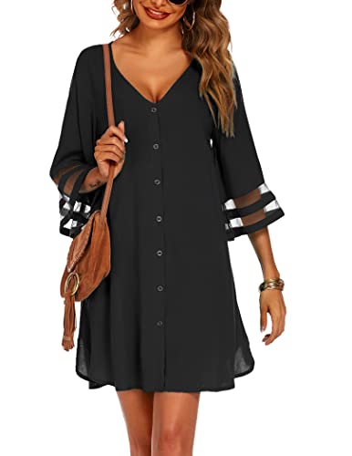 Aolro Women's Swimwear Cover Ups V-Neck Casual Bathing Suit Cover Ups For Women Button Up Cardigan For Swimsuit Coverup Black L #TOP14
