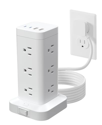 Tower Power Strip with PD 30W Fast-Charging Port, 12 Outlets, 4 USB Ports (2 USB-C), 1800J Surge Protector, Charging Station for Multiple Devices,10FT Extension Cord, White, Home Office Essentials - image 1